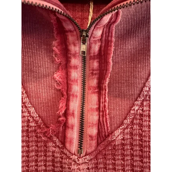 Easel Women's Thermal Waffle Knit Zip-Up Washed Long Sleeve Top Mulberry Size S - Picture 7 of 9